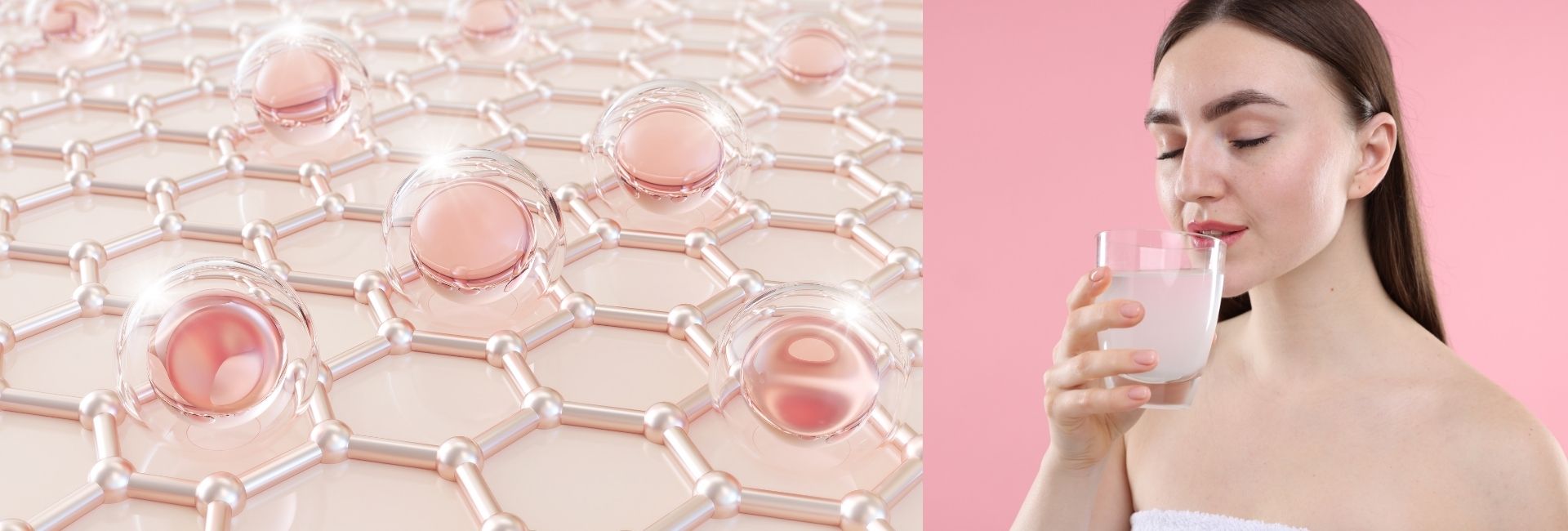 Woman with glowing skin holding a collagen drink, representing collagen for skin benefits, results, and best ways to take it.