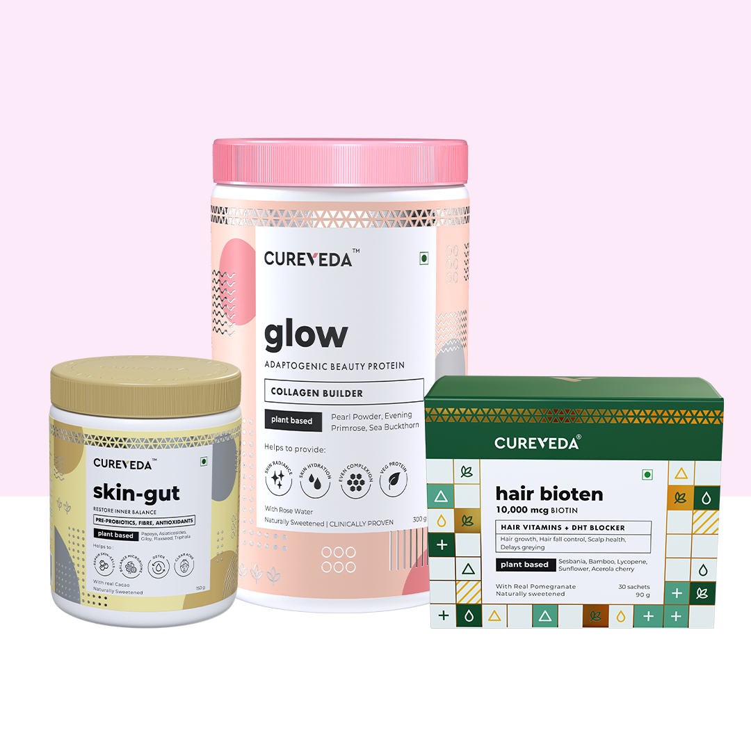 Cureveda Combo - GLOW, GROW & SKIN-GUT: Complete Skin & Hair Combo