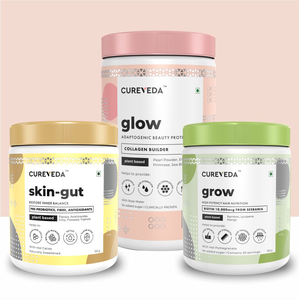Cureveda Combo - GLOW, GROW & SKIN-GUT: Complete Skin & Hair Combo