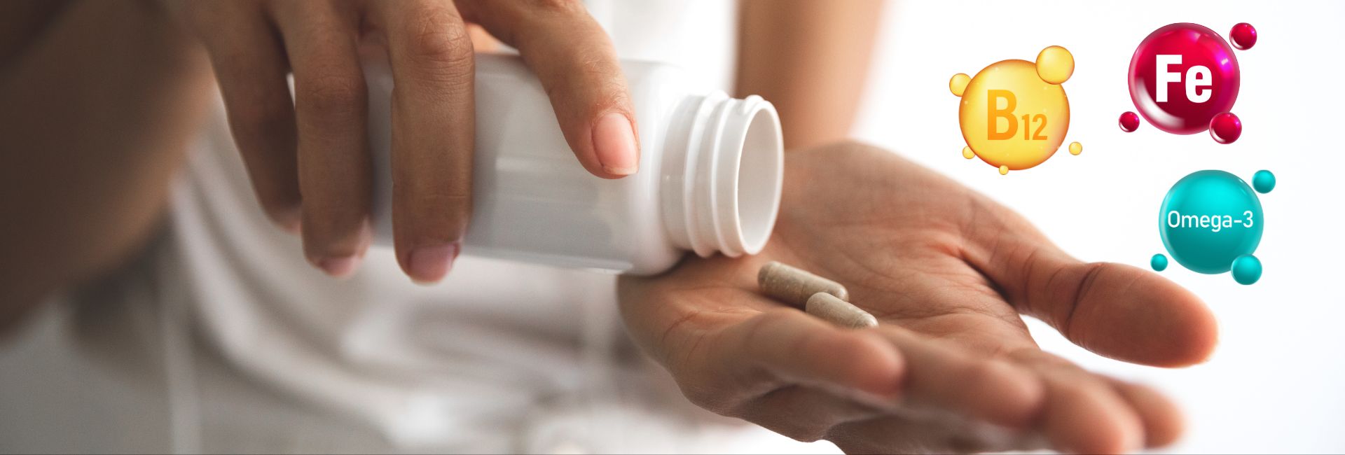 Essential nutrients for women: Iron, Vitamin B12, and Omega-3 for energy, brain, and overall health.